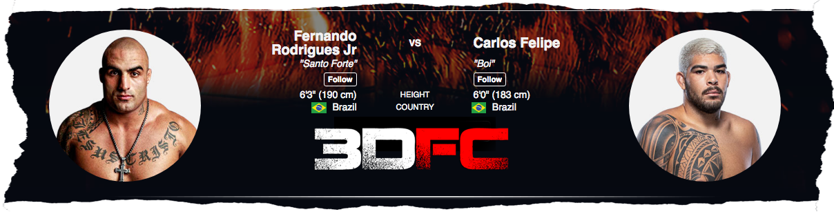 3DFC2 Main Event - 19 August 2022 - Fernando Rodrigues Jr Santo Forte		VS	Carlos Felipe Boi
 